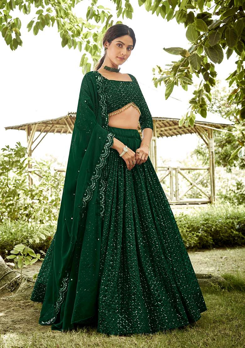 Green Georgette Lehenga Set with Embroidered for Diwali | Wedding & Festive Wear - Indya
