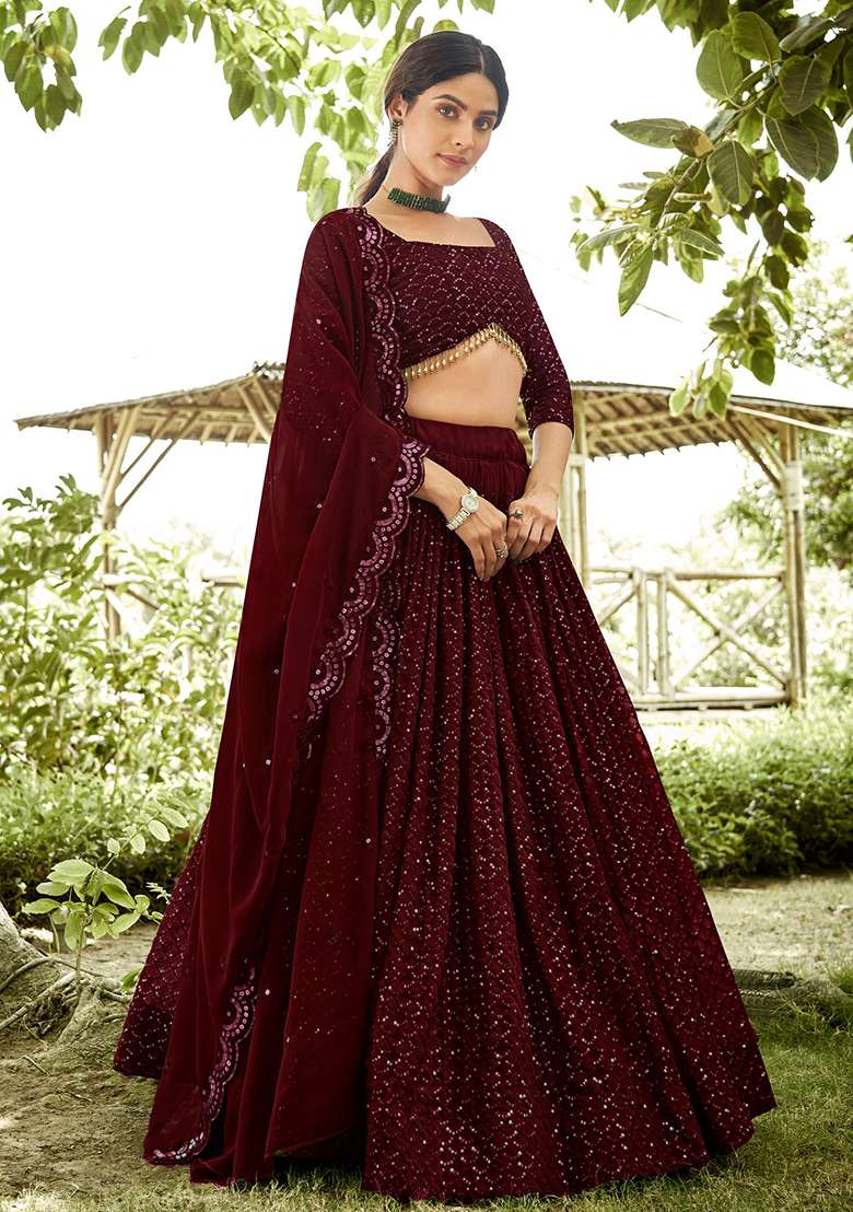 Maroon Georgette Lehenga Set with Embroidered for Diwali | Wedding & Festive Wear - Indya