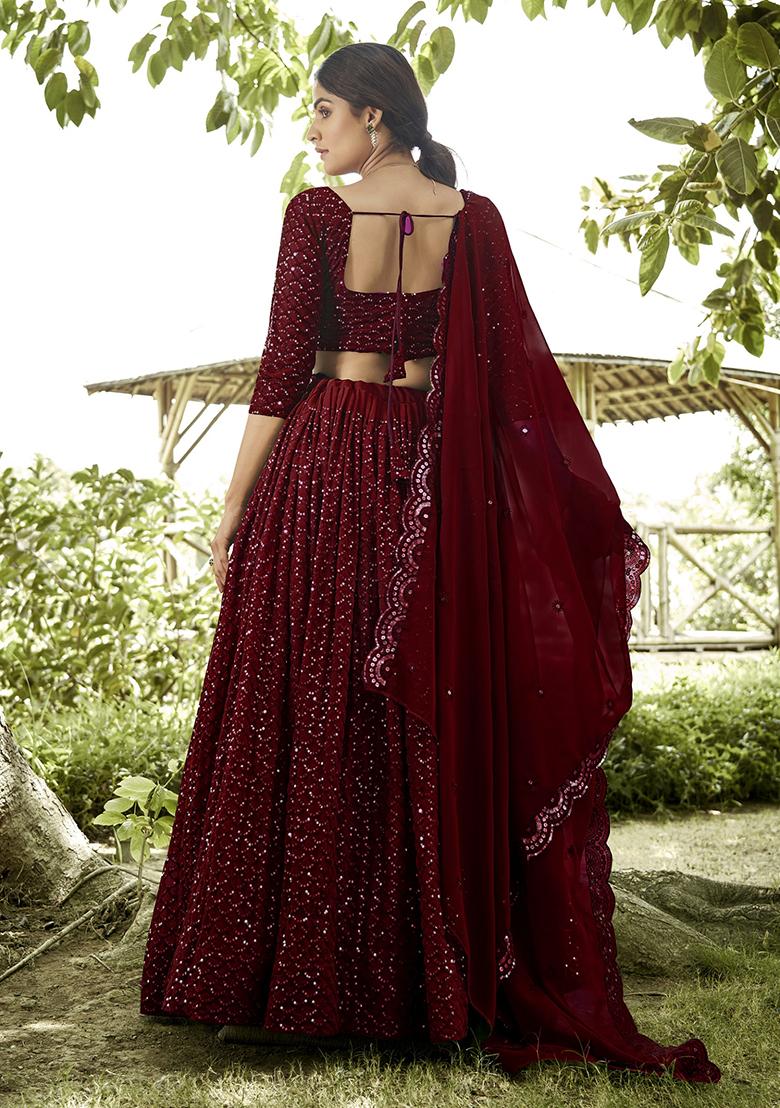 Maroon Embroidered Georgette Lehenga Set
