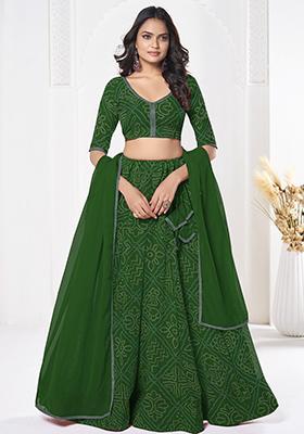 Green Bandhani Print Georgette Lehenga Set