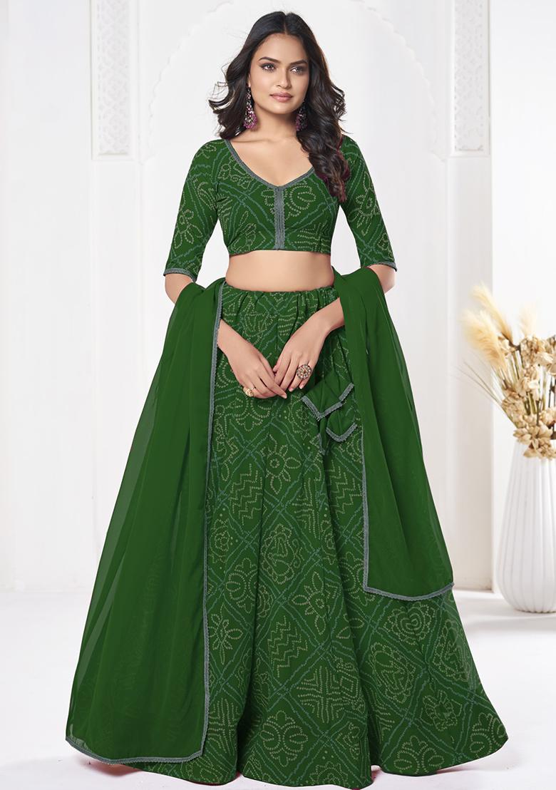 Green Bandhani Print Georgette Lehenga Set