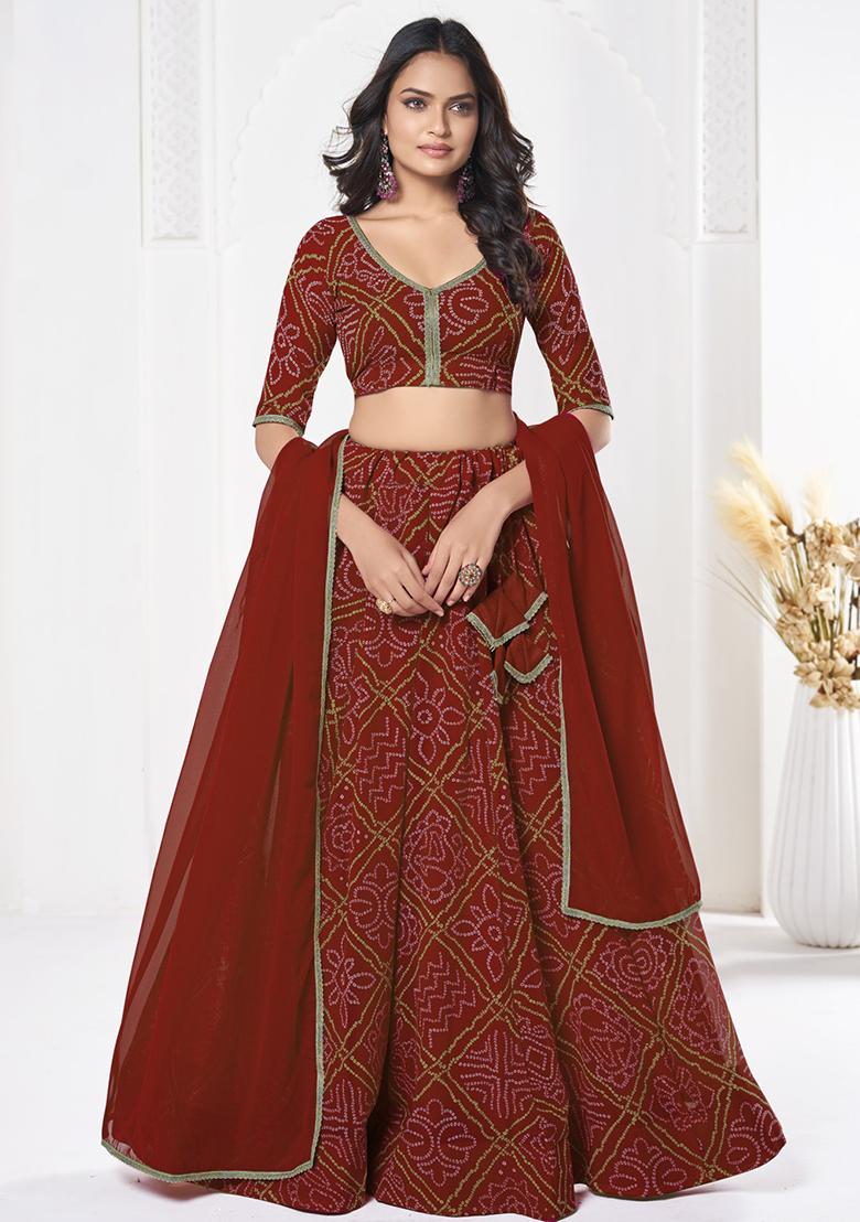 Red Bandhani Print Georgette Lehenga Set