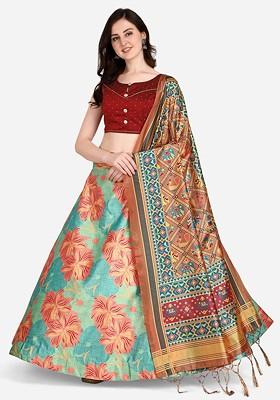 Turquoise Blue Printed Poly Blend Lehenga Set