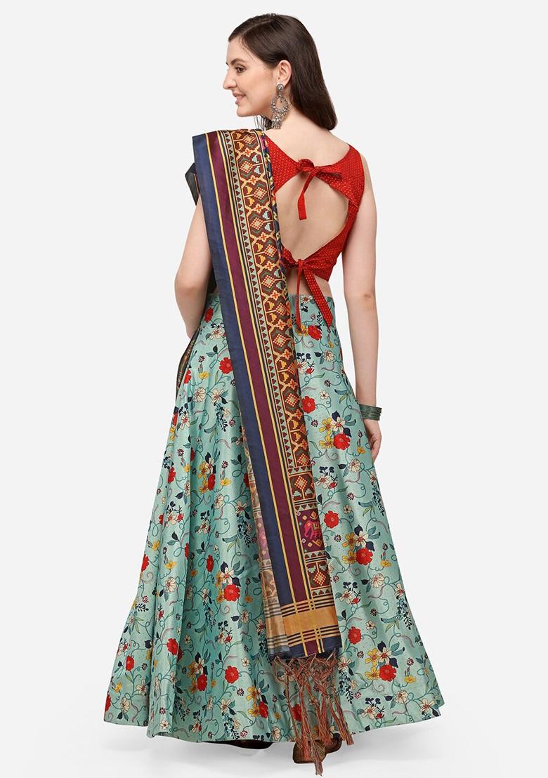 Turquoise Blue Printed Poly Blend Lehenga Set