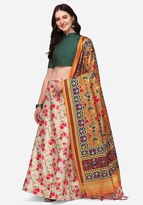 Beige Solid Poly Blend Lehenga Set