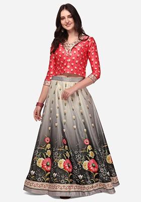 Black Printed Poly Blend Lehenga Set