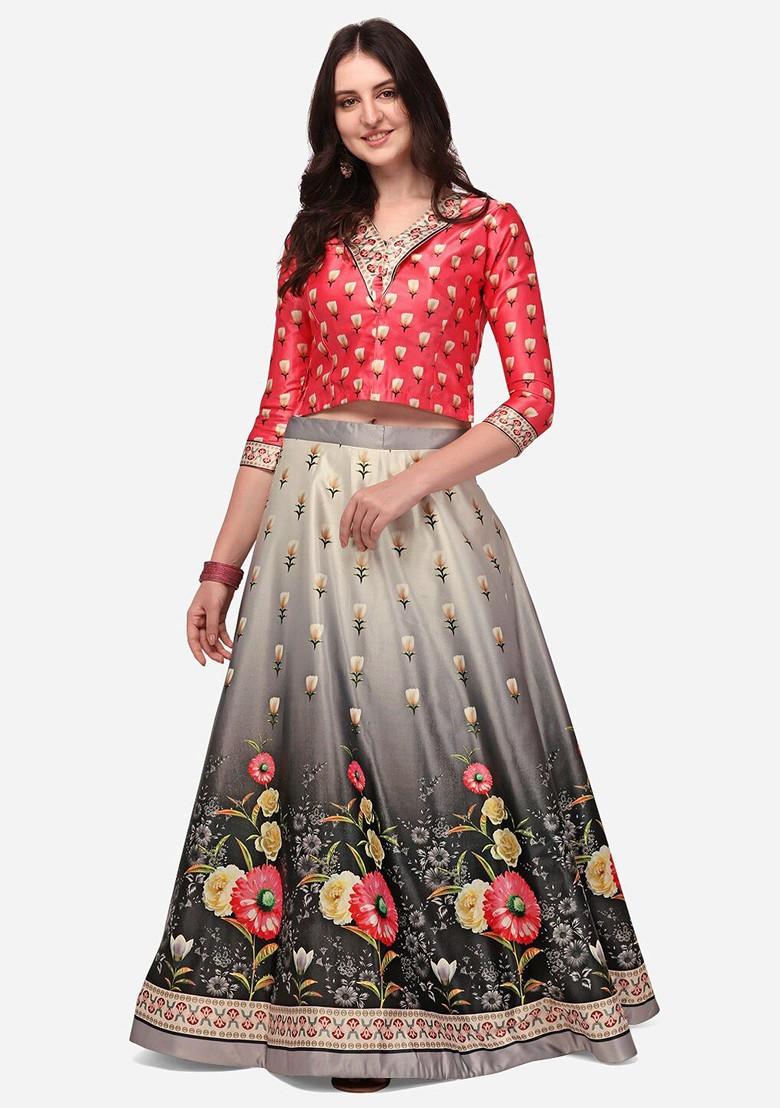 Black Printed Poly Blend Lehenga Set