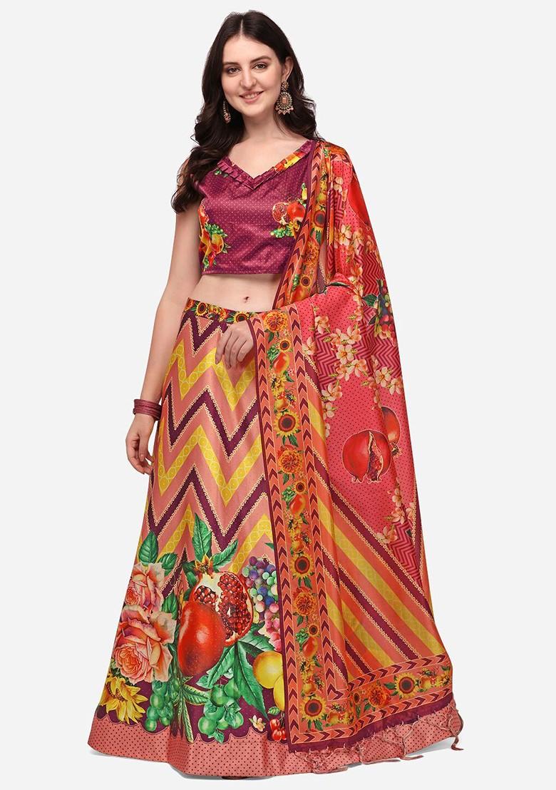 Peach Printed Poly Blend Lehenga Set