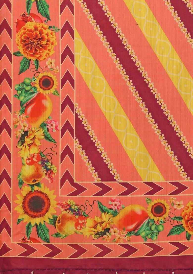 Peach Printed Poly Blend Lehenga Set