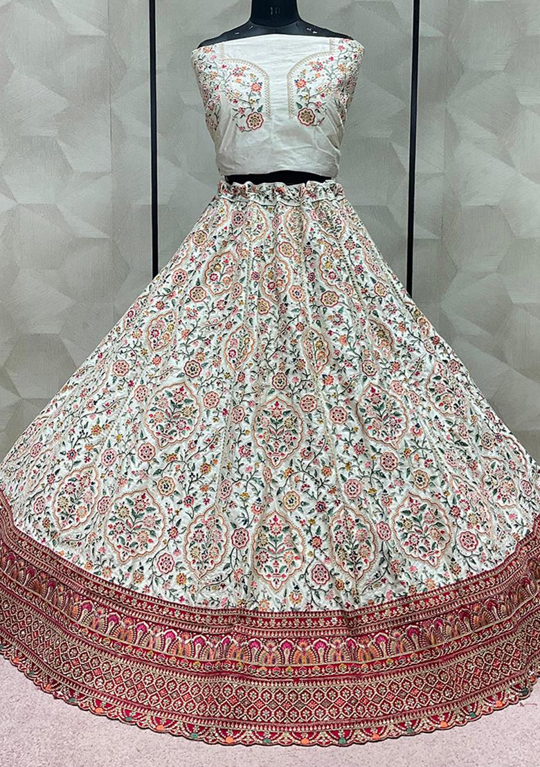 White Embroidered Silk Lehenga Set