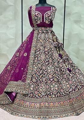 Dark Purple Embroidered Silk Lehenga Set