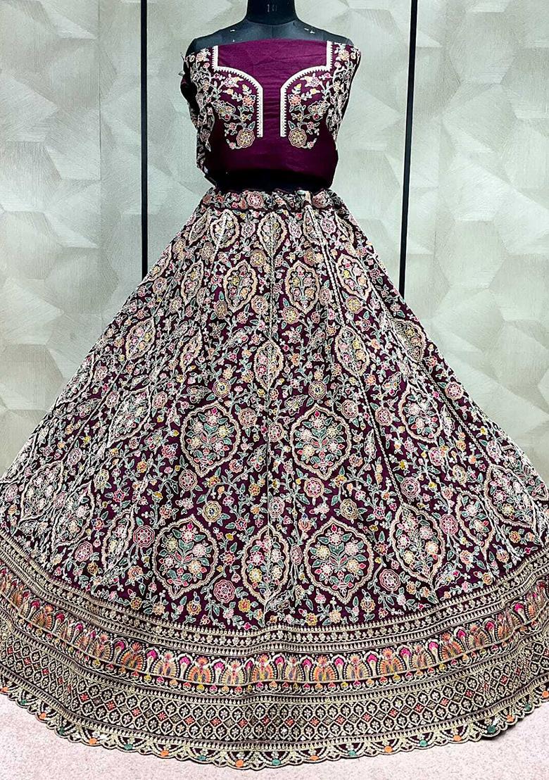 Dark Purple Embroidered Silk Lehenga Set