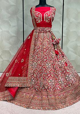Red Embroidered Silk Lehenga Set