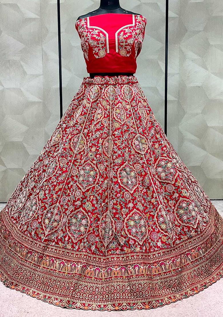Red Embroidered Silk Lehenga Set