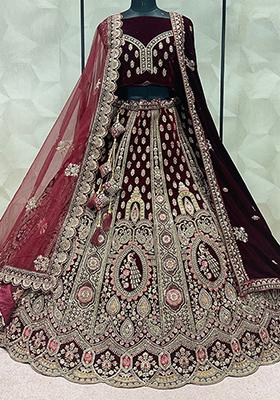 Dark Maroon Embroidered Velvet Lehenga Set