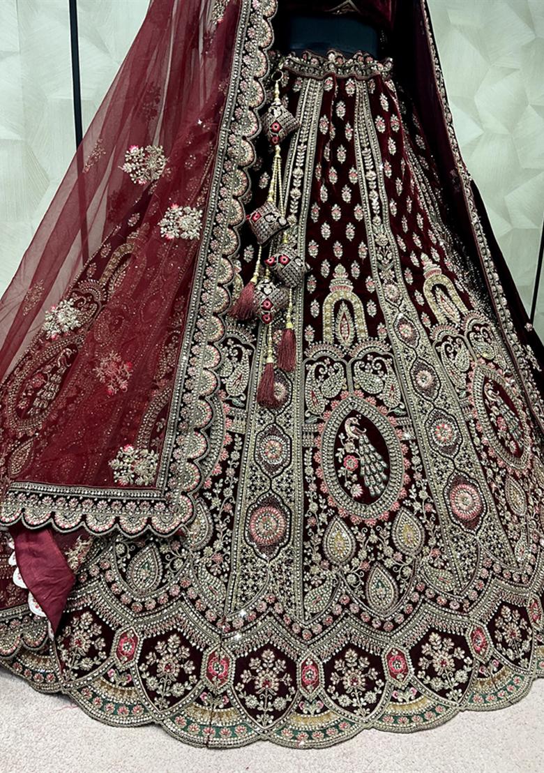 Dark Maroon Embroidered Velvet Lehenga Set