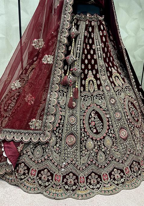 Embroidered Velvet Lehenga in Maroon