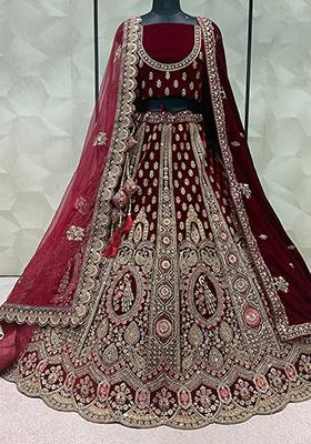 Maroon Embroidered Velvet Lehenga Set
