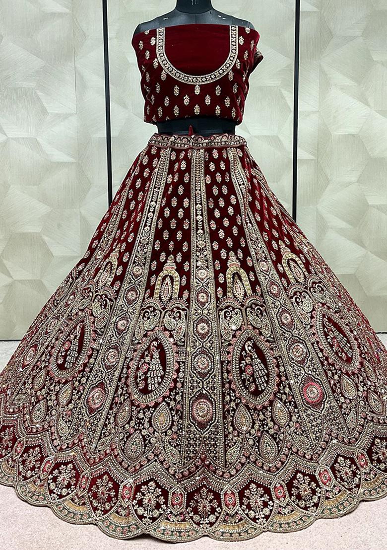 Maroon Embroidered Velvet Lehenga Set