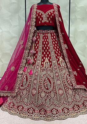 Rani Pink Embroidered Velvet Lehenga Set