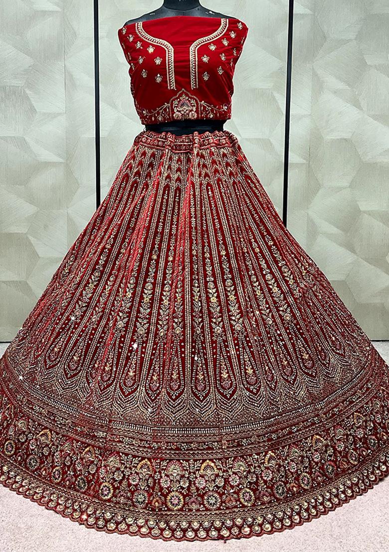 Red Embroidered Velvet Lehenga Set