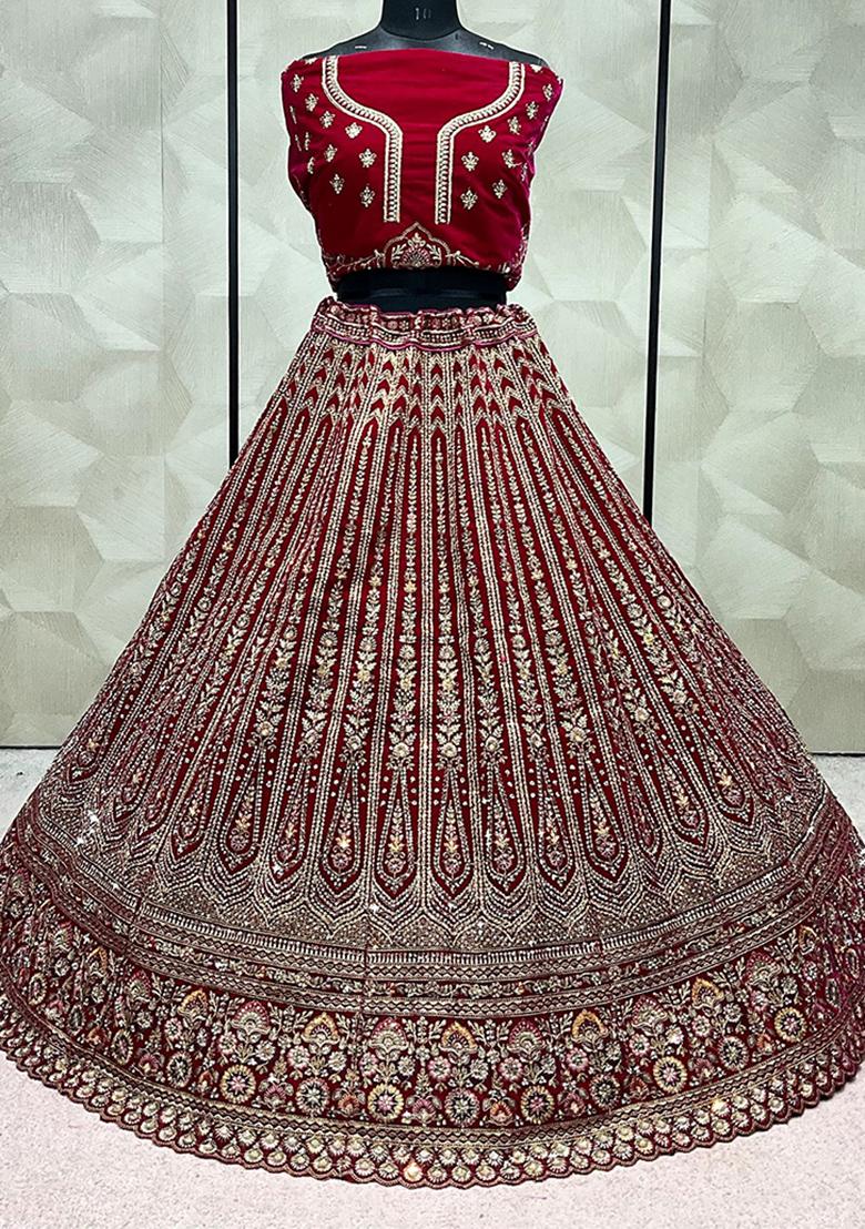 Rani Pink Embroidered Velvet Lehenga Set