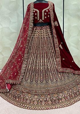 Maroon Embroidered Velvet Lehenga Set