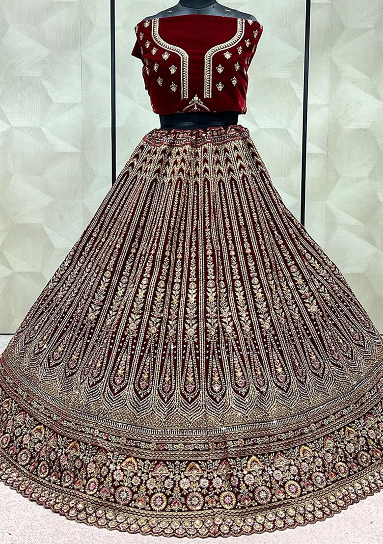 Maroon Embroidered Velvet Lehenga Set
