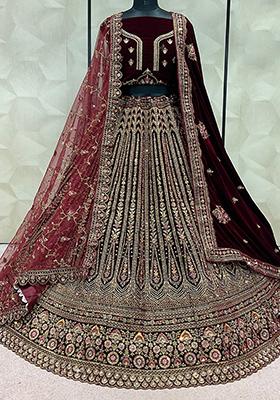 Dark Maroon Embroidered Velvet Lehenga Set