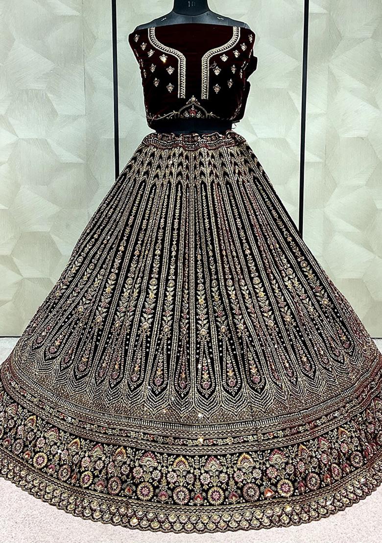 Dark Maroon Embroidered Velvet Lehenga Set