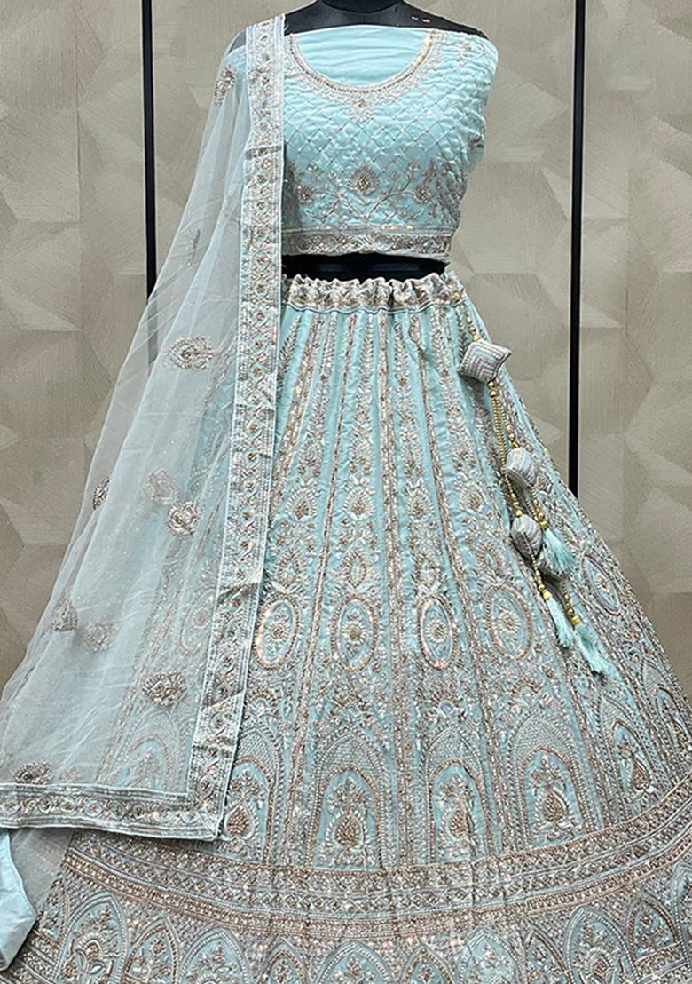 Sky Blue Embroidered Art Silk Lehenga Set