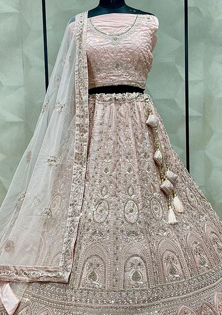 Peach Embroidered Art Silk Lehenga Set