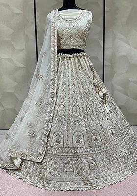 Cream Embroidered Art Silk Lehenga Set