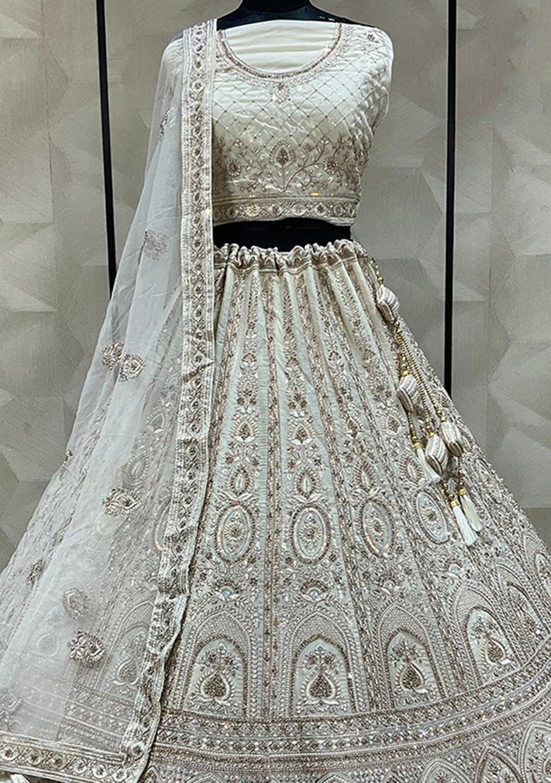 Cream Embroidered Art Silk Lehenga Set
