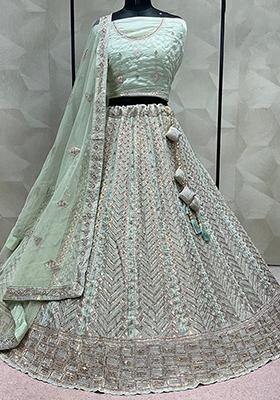 Sea Green Embroidered Art Silk Lehenga Set