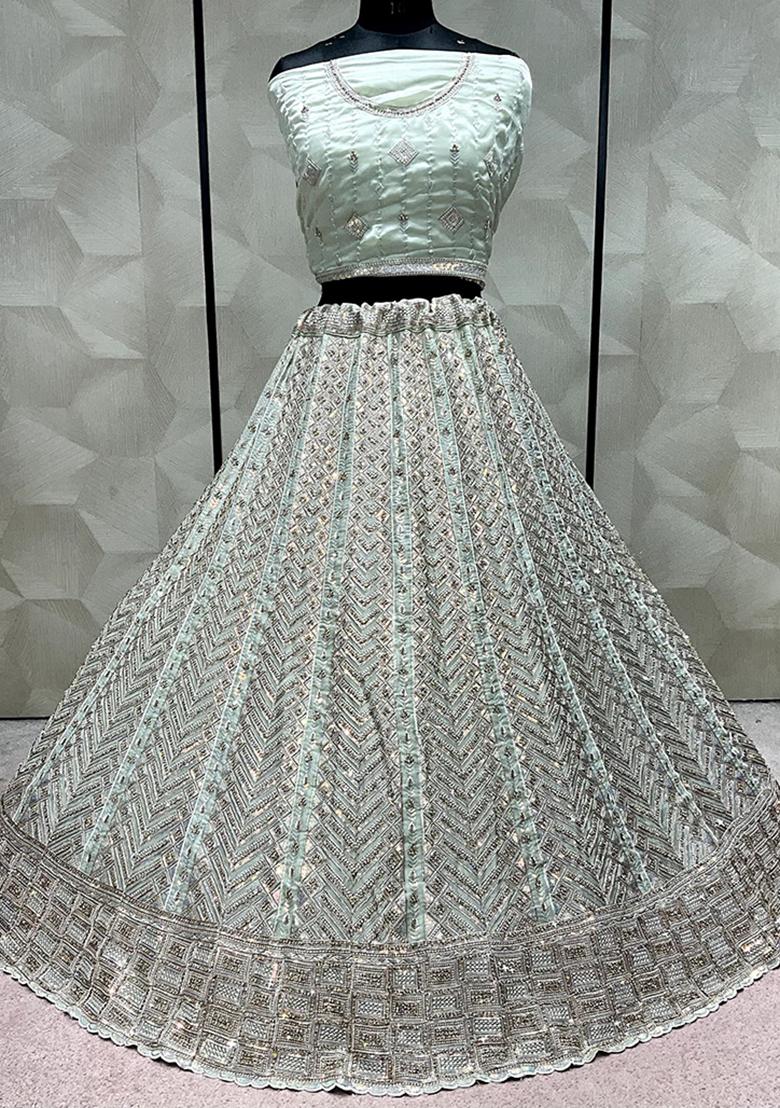 Sea Green Embroidered Art Silk Lehenga Set