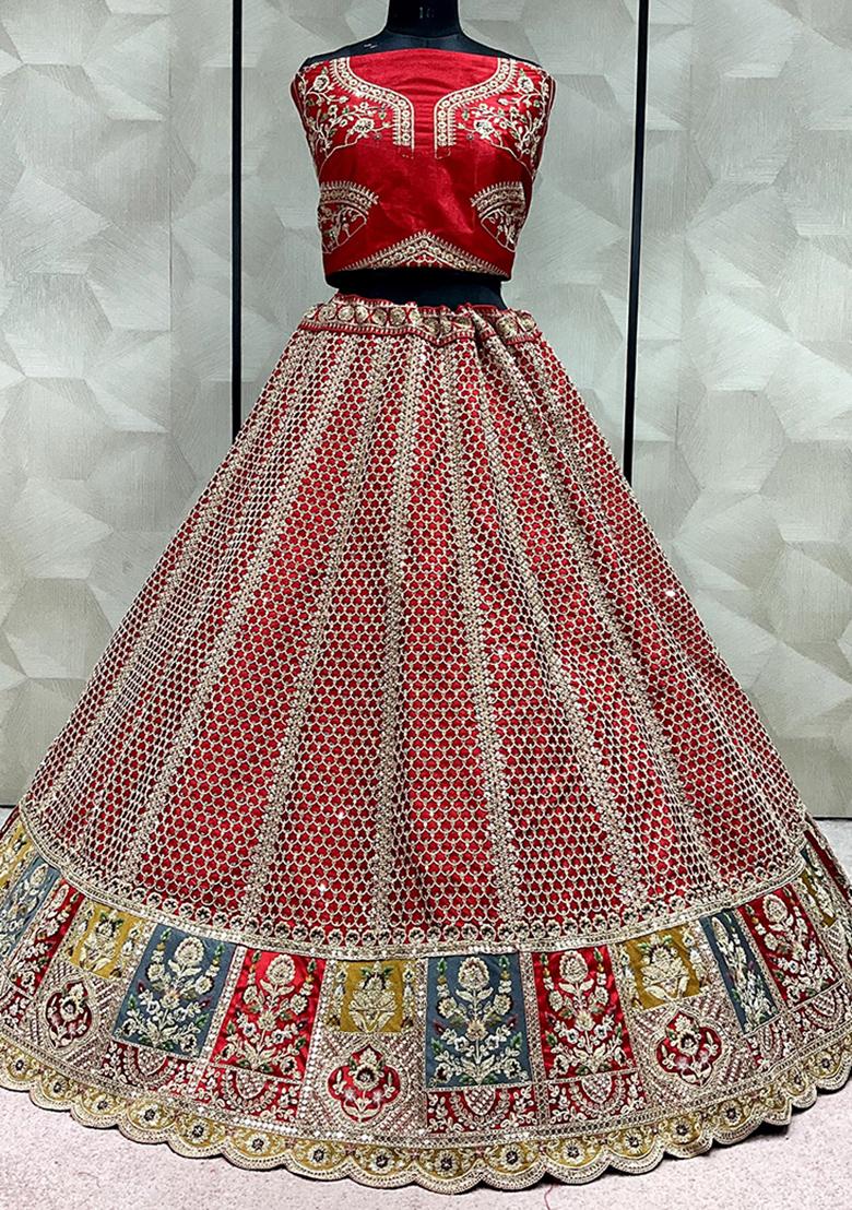 Red Embroidered Silk Lehenga Set