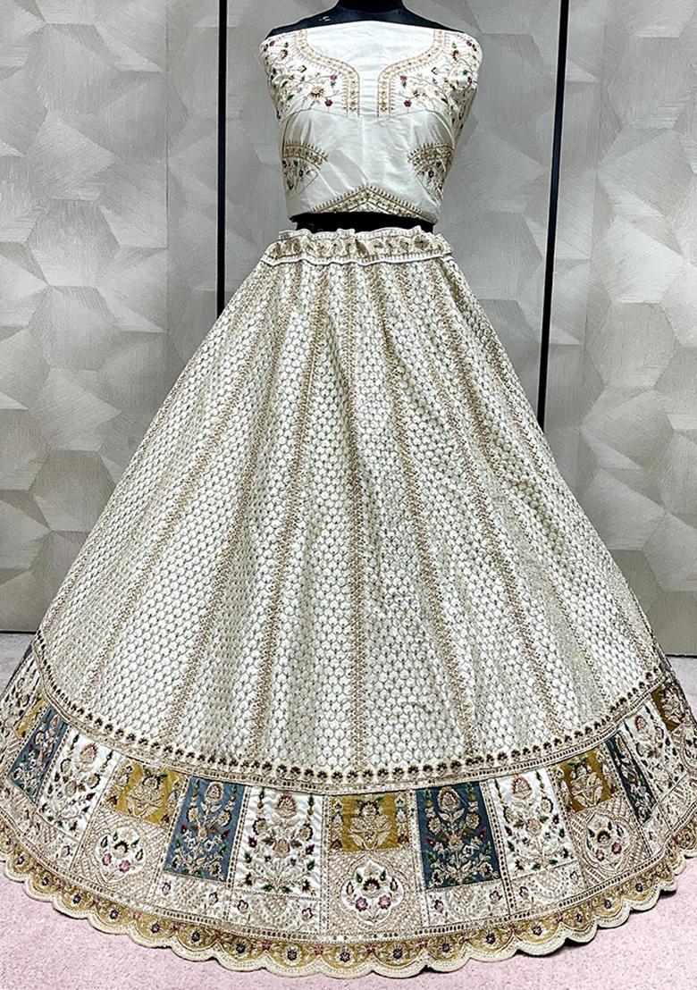 Cream Embroidered Silk Lehenga Set