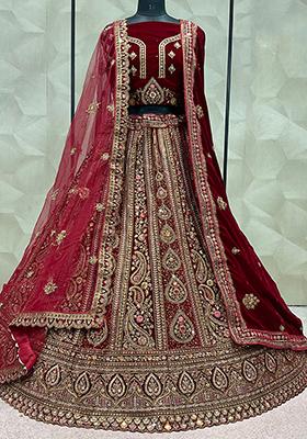 Maroon Embroidered Velvet Lehenga Set