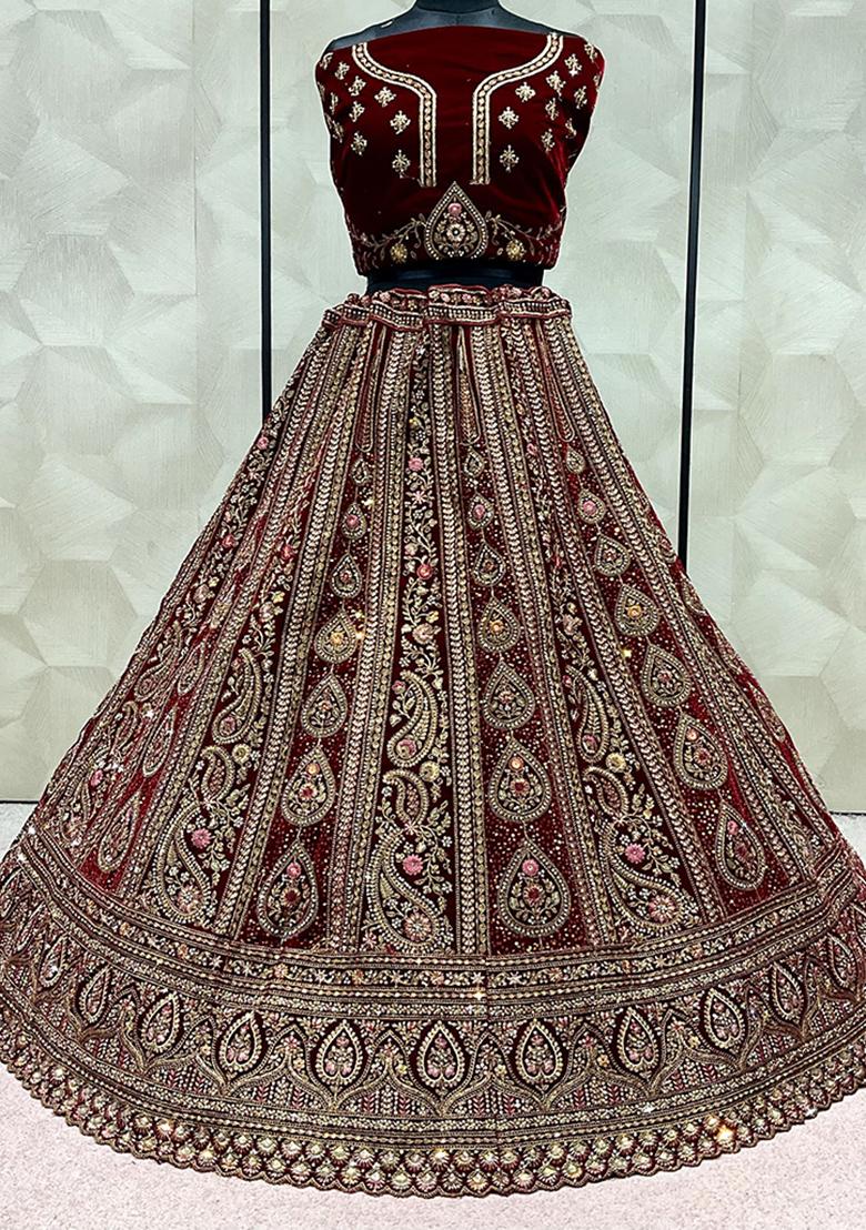 Maroon Embroidered Velvet Lehenga Set