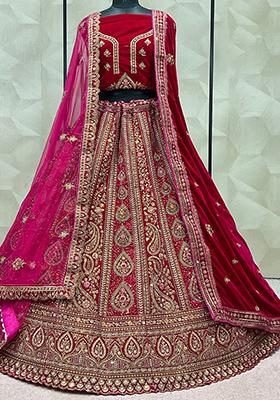 Rani Pink Embroidered Velvet Lehenga Set
