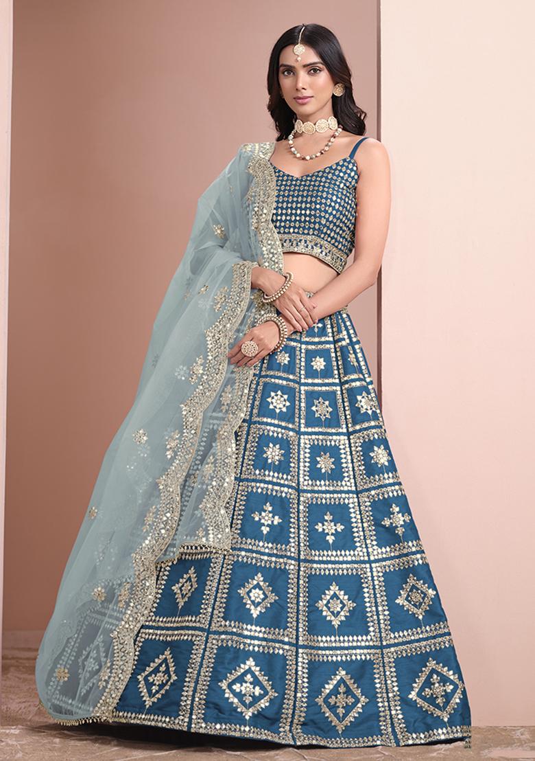 Blue Embroidered Art Silk Lehenga Set