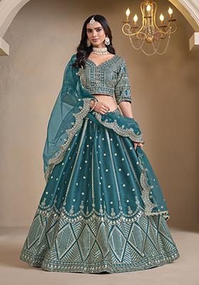 Teal Embroidered Art Silk Lehenga Set