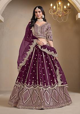 Dark Purple Embroidered Art Silk Lehenga Set