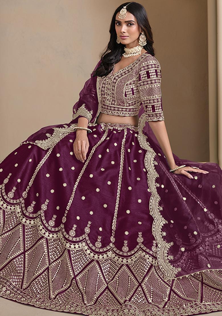 Dark Purple Embroidered Art Silk Lehenga Set