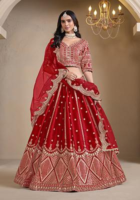 Red Embroidered Art Silk Lehenga Set