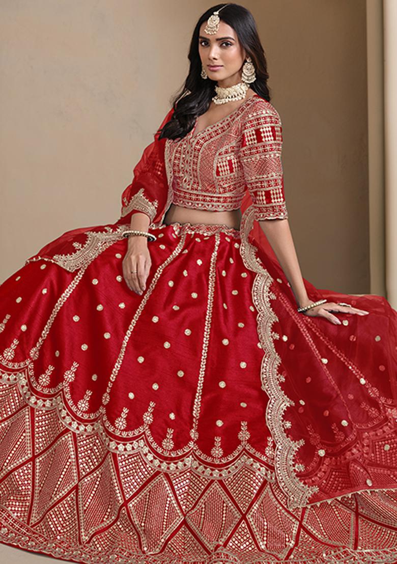 Red Embroidered Art Silk Lehenga Set