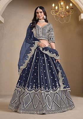 Navy Blue Embroidered Art Silk Lehenga Set