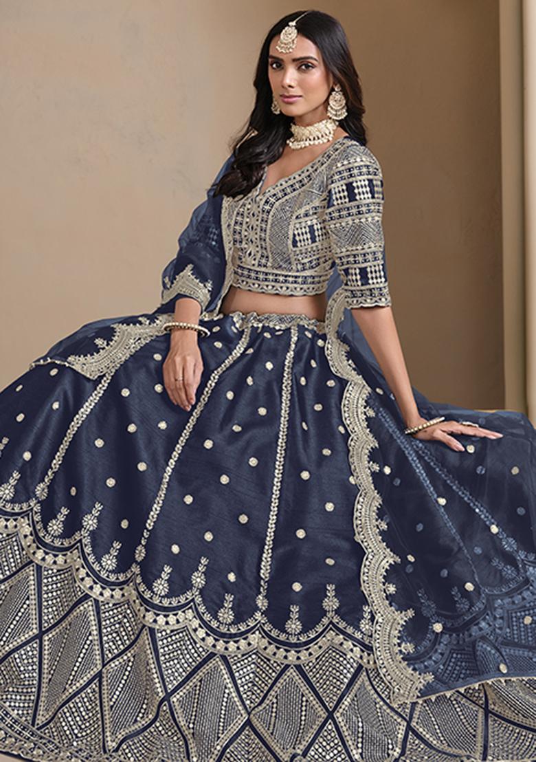Navy Blue Embroidered Art Silk Lehenga Set