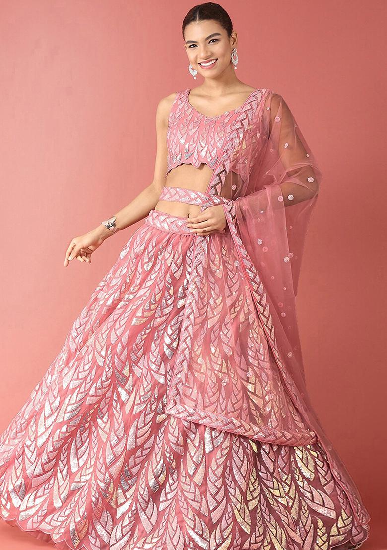 Pink Embroidered Net Lehenga Set